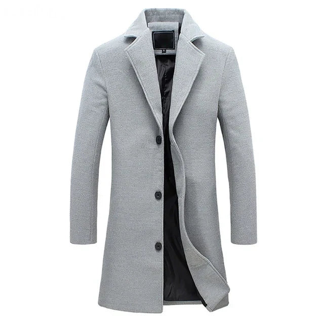 Men's overcoat in grey, single breasted notch lapel longline