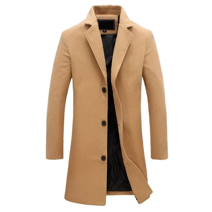 Men's overcoat in khaki, single breasted notch lapel longline