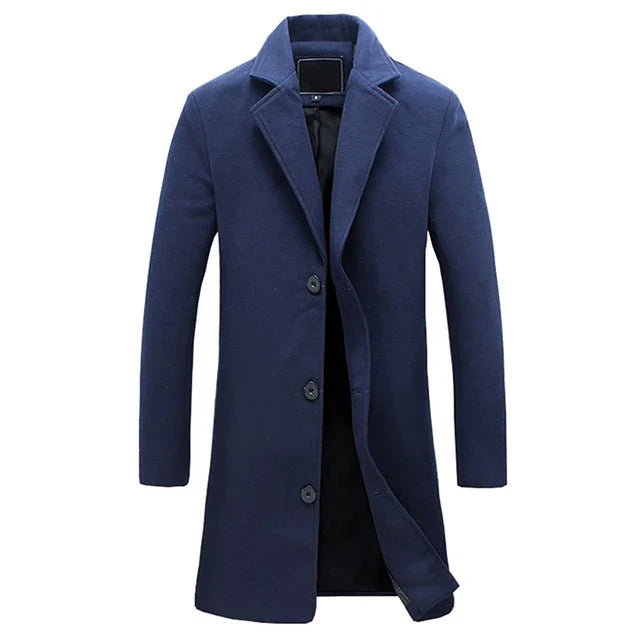 Men's overcoat in navy blue, single breasted notch lapel longline