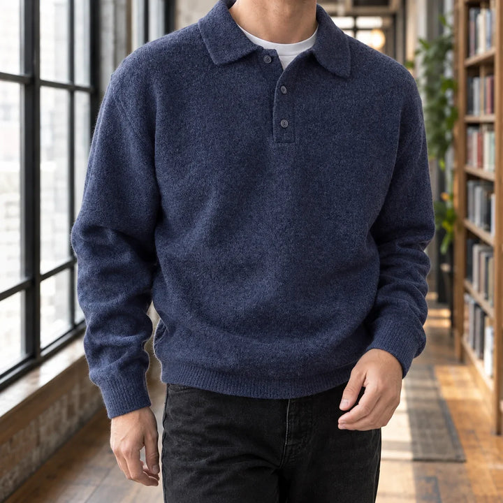 Men's polo jumper in blue, collared button placket knitted