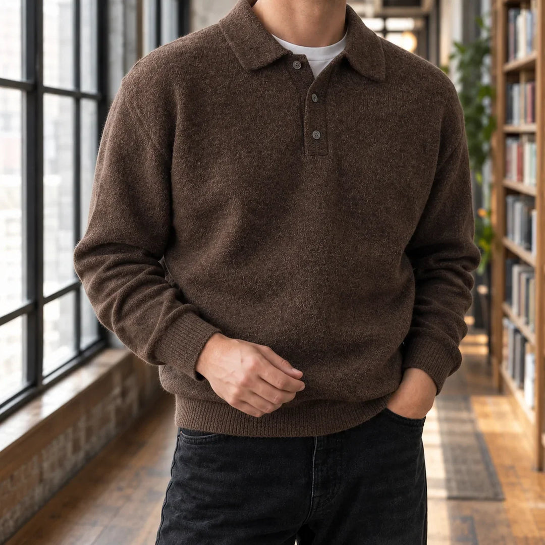 Men's polo jumper in brown, collared button placket knitted