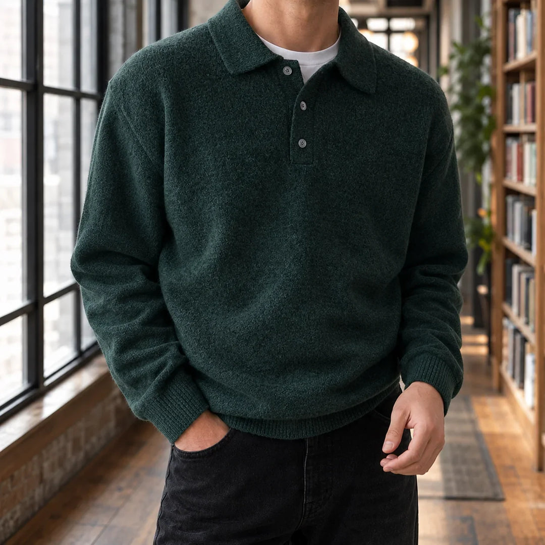 Men's polo jumper in dark green, collared button placket knitted