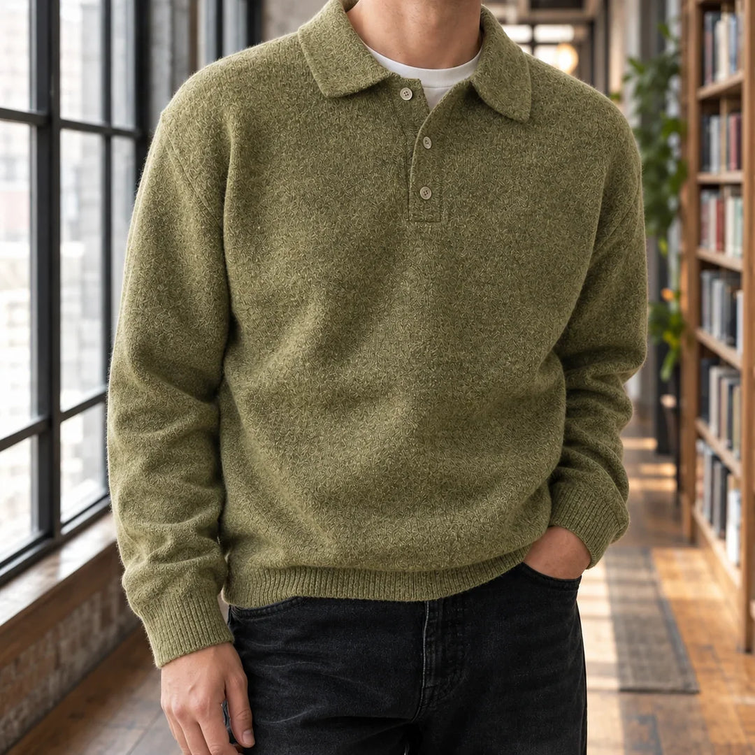 Men's polo jumper in green, collared button placket knitted