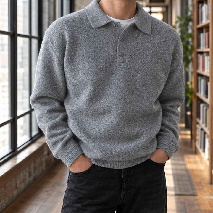Men's polo jumper in light grey, collared button placket knitted