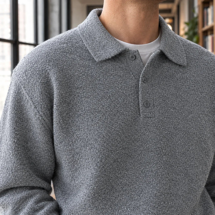 Men's polo jumper, collared button placket knitted, view 1
