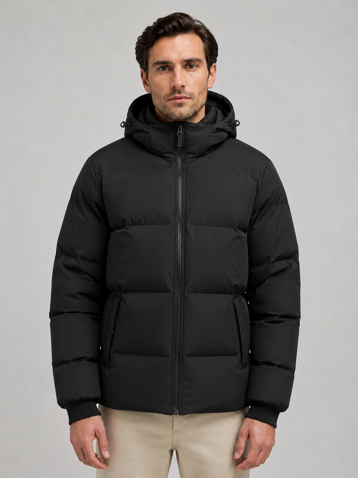 Men's puffer jacket in black, hooded quilted with high neck and zip front