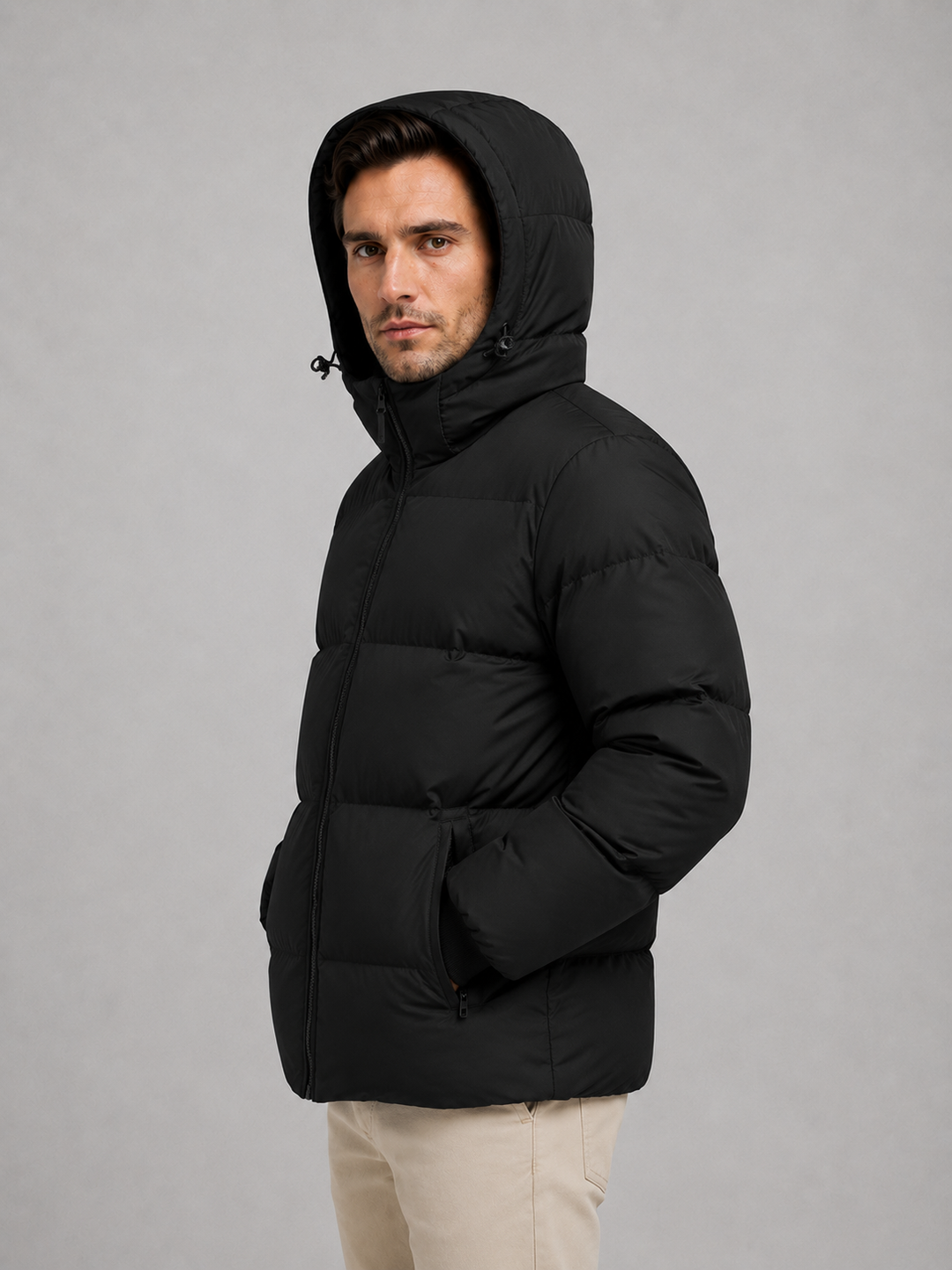 Side view of the black puffer jacket worn with the hood up