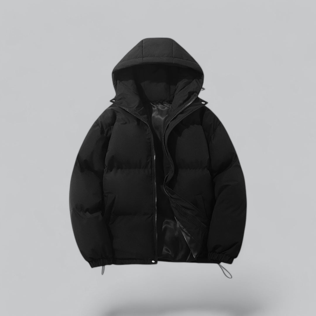 Men's puffer jacket in black, hooded zip front drawstring hem