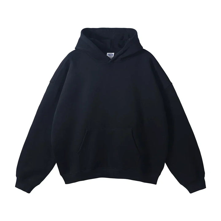Men's pullover hoodie in black, kangaroo pocket relaxed fit oversized