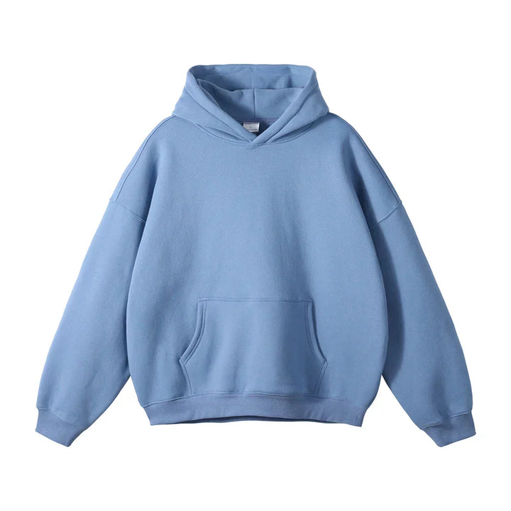 Men's pullover hoodie in light blue, kangaroo pocket relaxed fit oversized