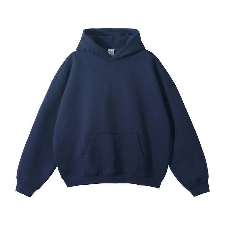 Men's pullover hoodie in navy, kangaroo pocket relaxed fit oversized