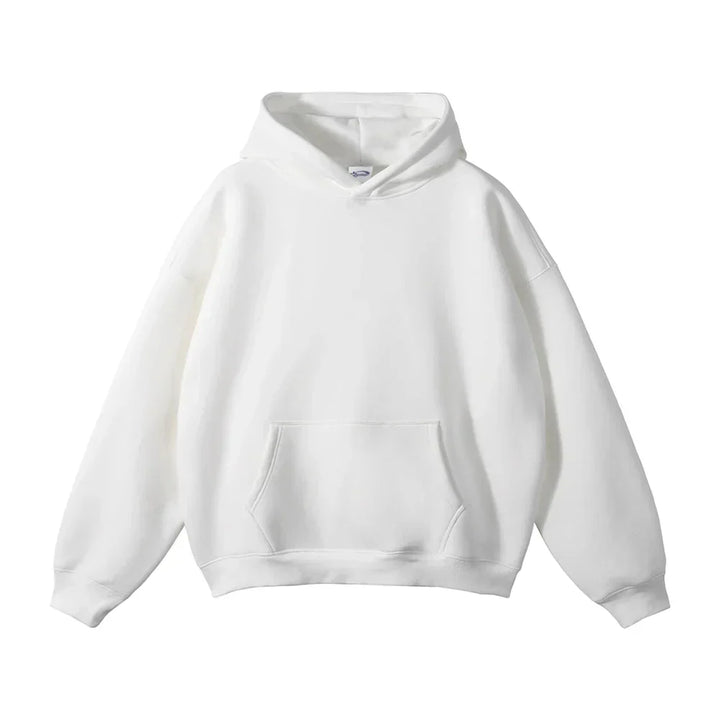 Men's pullover hoodie in white, kangaroo pocket relaxed fit oversized
