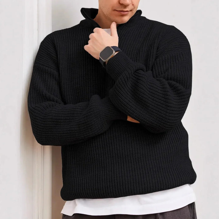 Men's quarter zip jumper in black, chunky knit ribbed half zip
