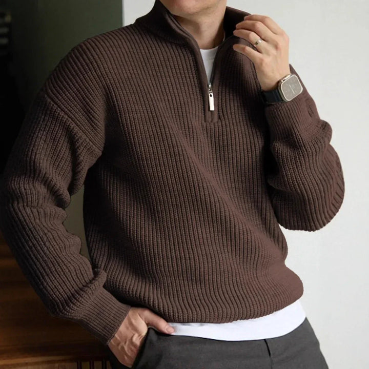 Men's quarter zip jumper in brown, chunky knit ribbed half zip