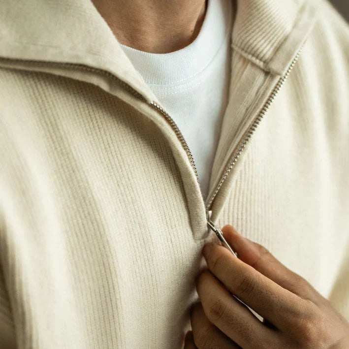 Men's quarter zip jumper in khaki, chunky knit ribbed half zip