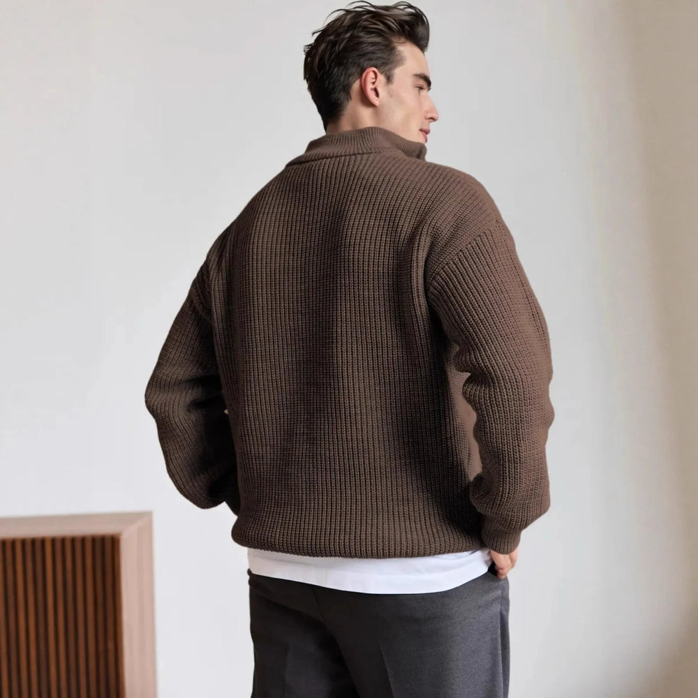 Men's quarter zip jumper, chunky knit ribbed half zip, view 1
