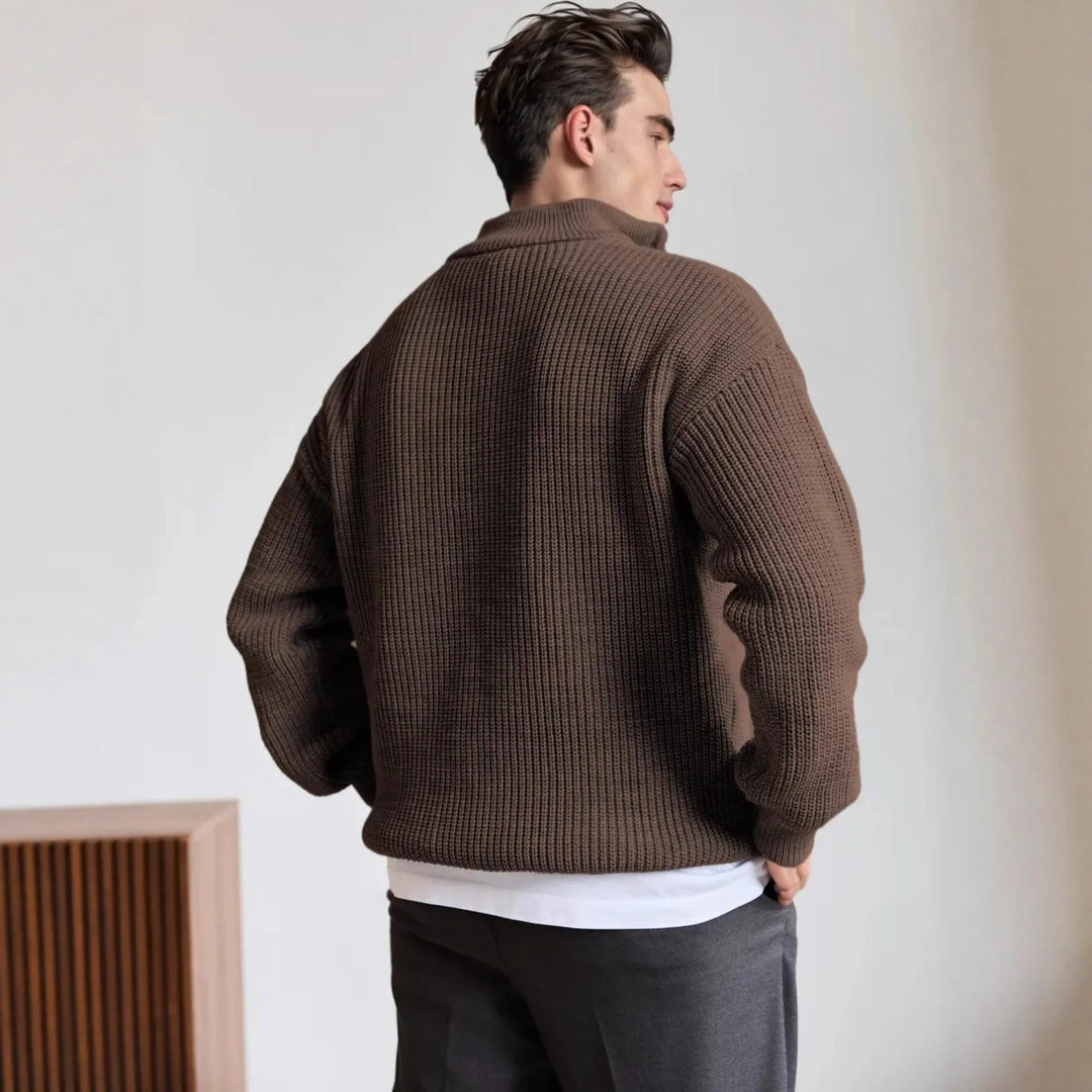 Men's quarter zip jumper, chunky knit ribbed half zip, view 1