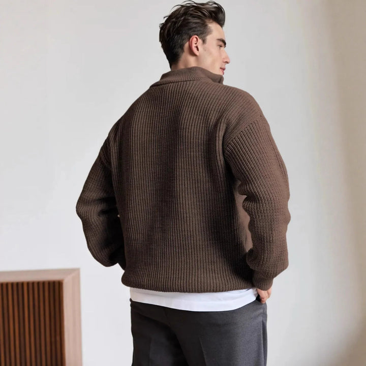 Men's quarter zip jumper, chunky knit ribbed half zip, view 1