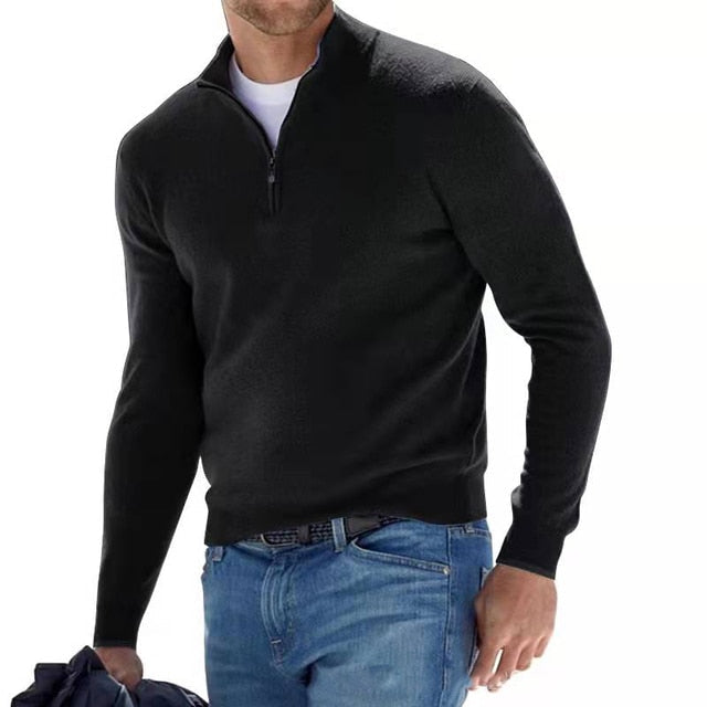 Men's quarter zip jumper in black, fine knit half zip