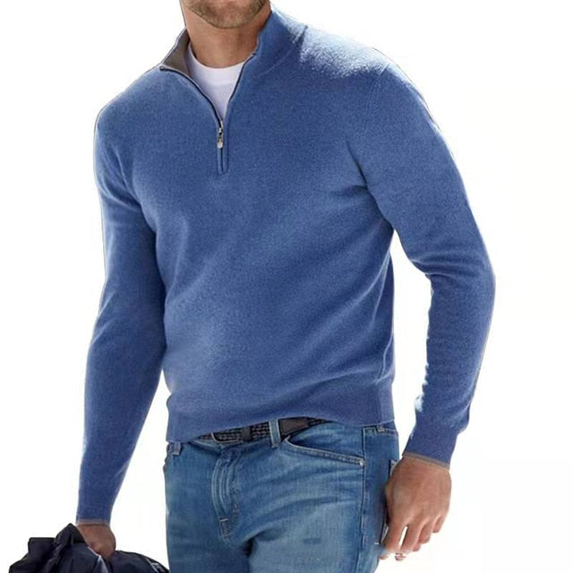 Men's quarter zip jumper in blue, fine knit half zip