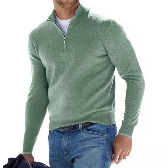 Men's quarter zip jumper in green, fine knit half zip