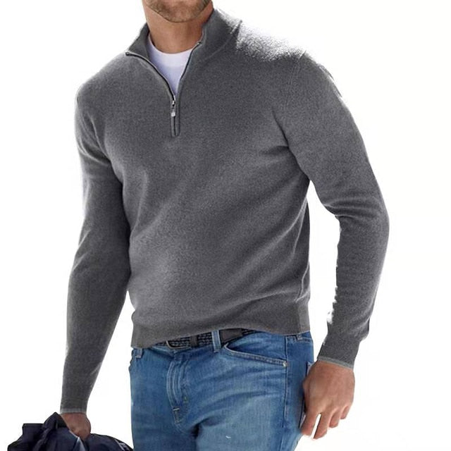Men's quarter zip jumper in grey, fine knit half zip