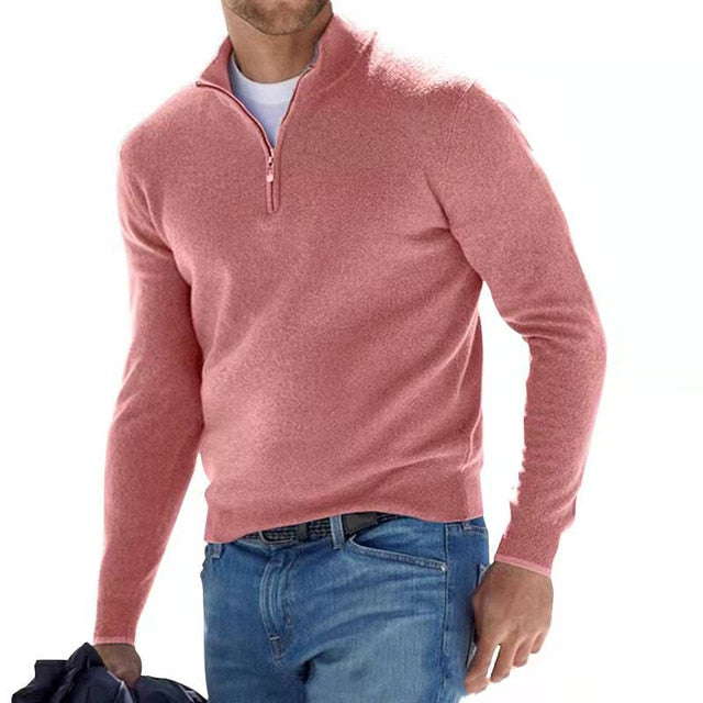 Men's quarter zip jumper in pink, fine knit half zip