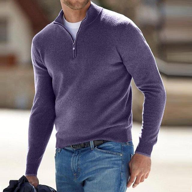 Men's quarter zip jumper in purple, fine knit half zip