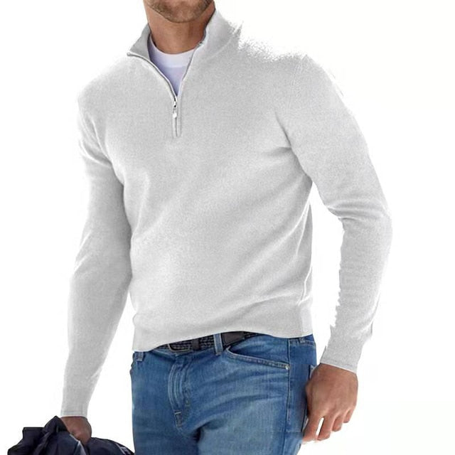 Men's quarter zip jumper in white, fine knit half zip