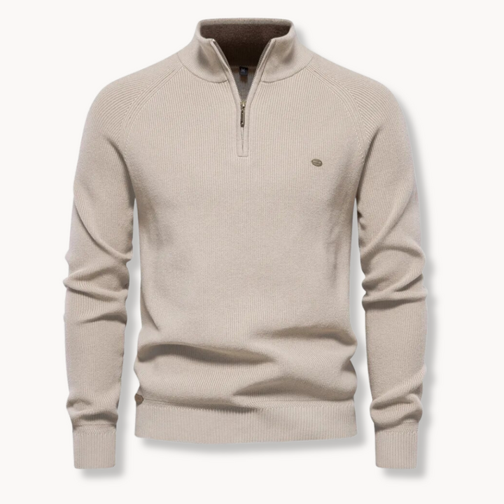 Beige ribbed jumper with half zip and raglan sleeves, front view