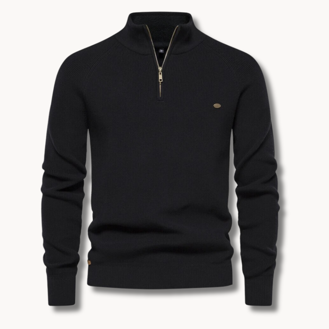 Black quarter zip jumper with stand collar and small chest badge