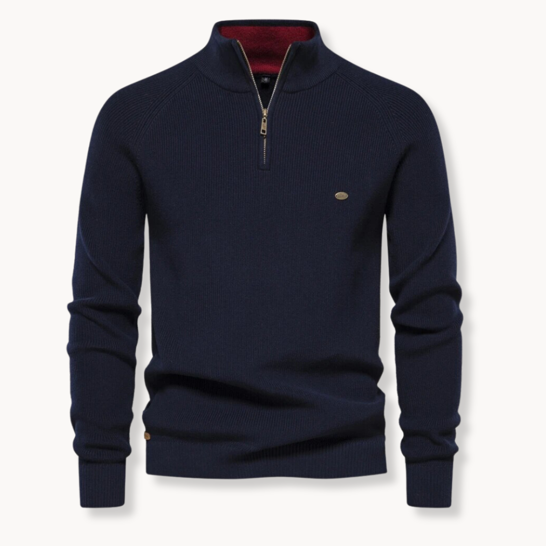Men's quarter zip jumper in navy, ribbed knitted half zip with raglan sleeves