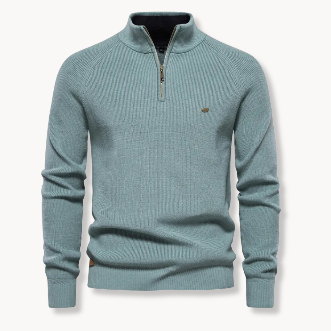Sage blue half zip jumper with a contrast lined stand collar