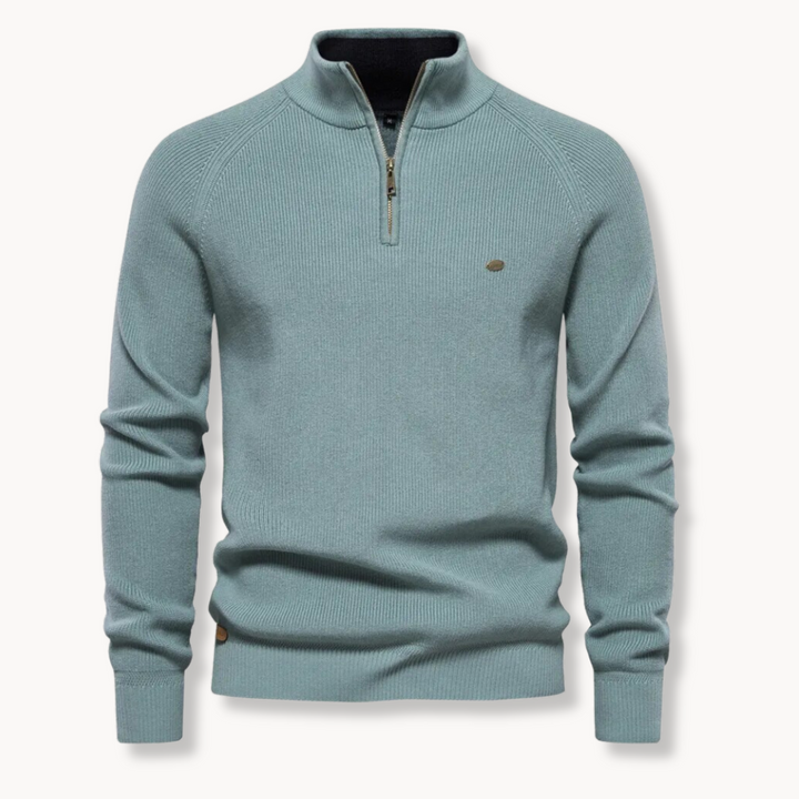 Sage blue half zip jumper with a contrast lined stand collar