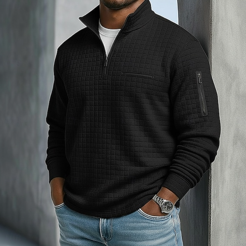 Men's quarter zip sweatshirt in black, waffle stand collar sleeve pocket
