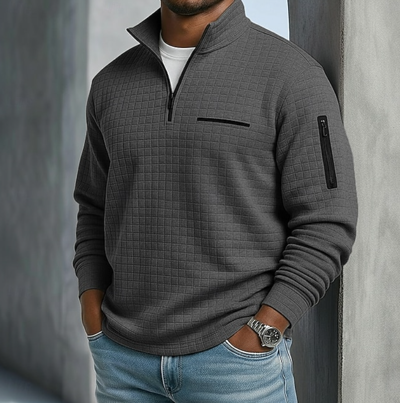 Men's quarter zip sweatshirt in dark grey, waffle stand collar sleeve pocket