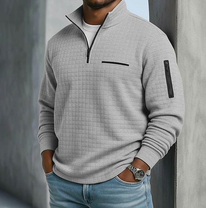 Men's quarter zip sweatshirt in grey, waffle stand collar sleeve pocket