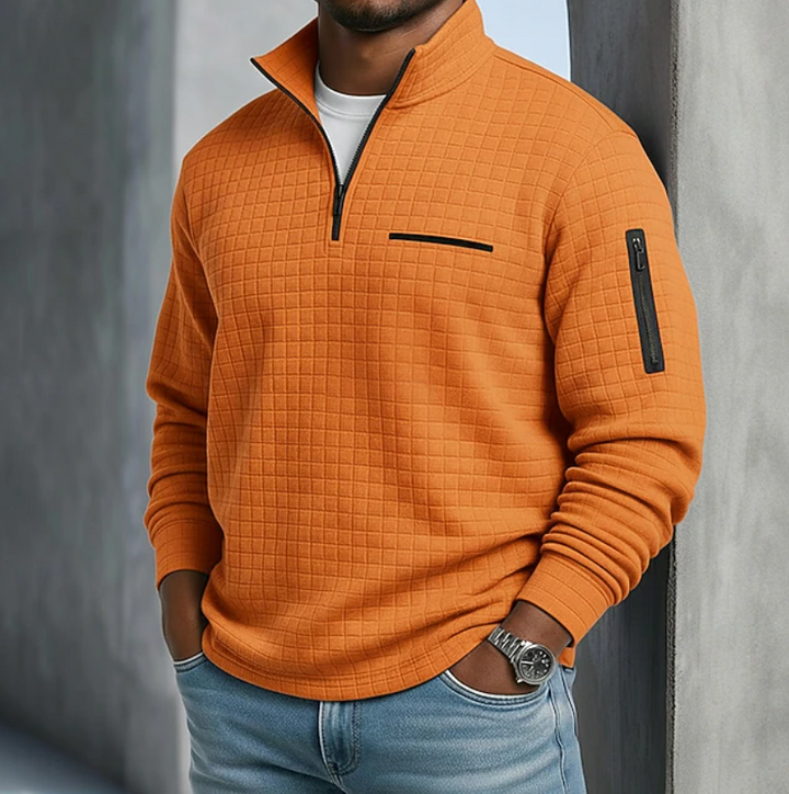 Men's quarter zip sweatshirt in orange, waffle stand collar sleeve pocket