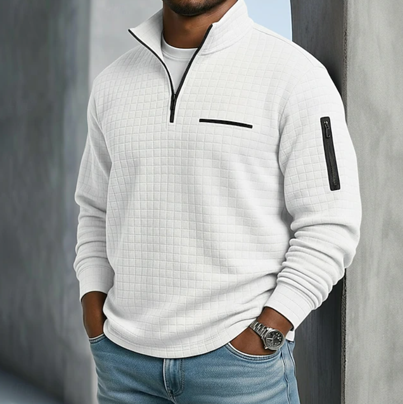 Men's quarter zip sweatshirt in white, waffle stand collar sleeve pocket
