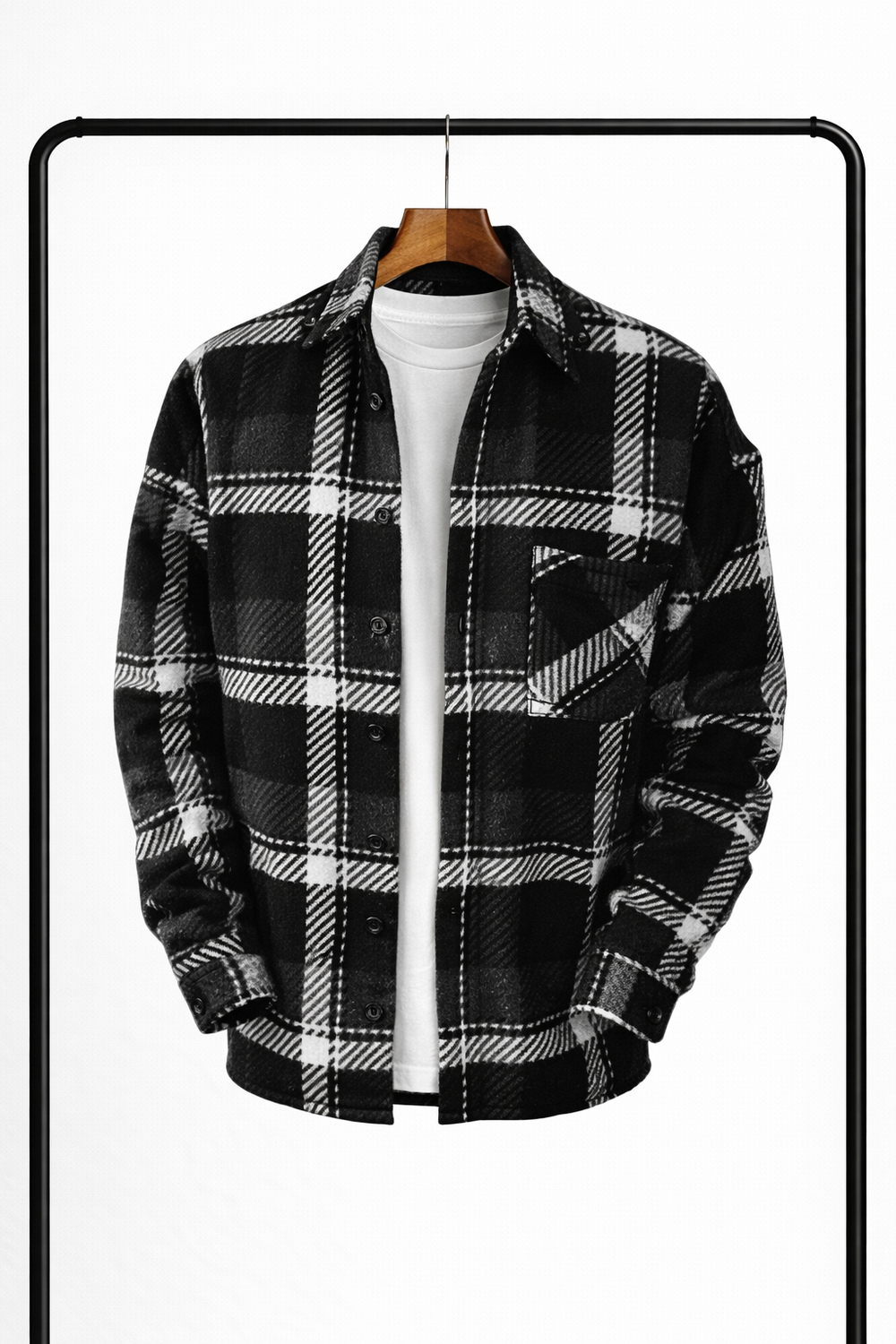 Men's check overshirt in black, chest pocket shacket plaid