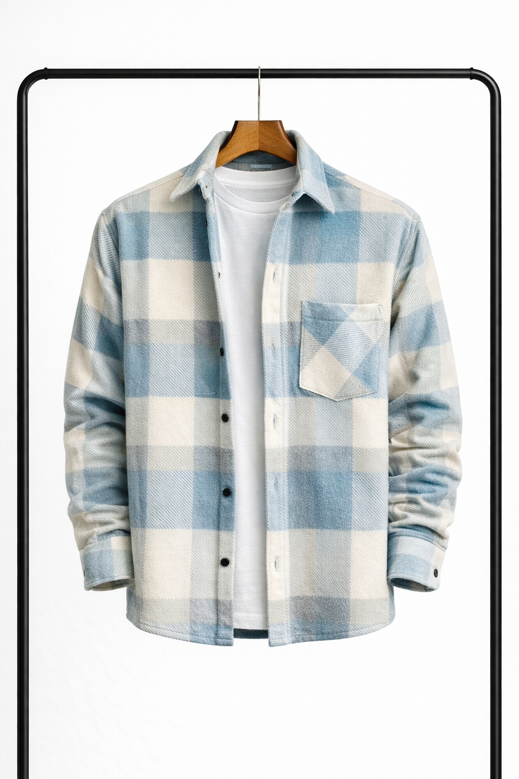 Men's check overshirt in blue, chest pocket shacket plaid