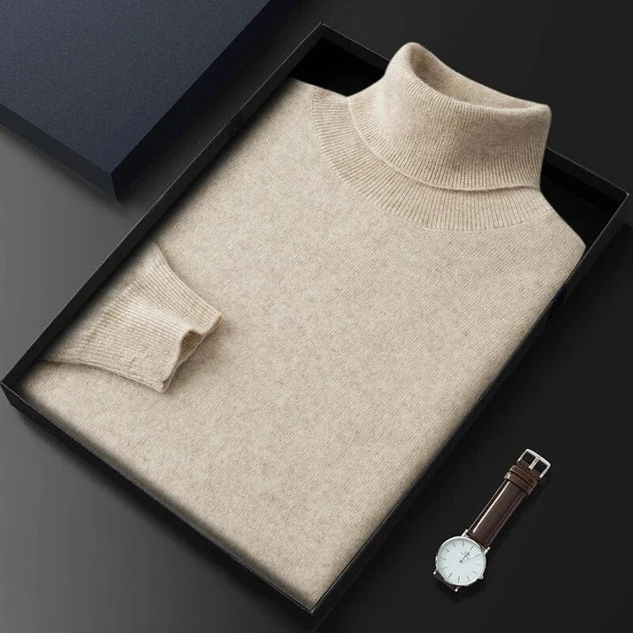 Men's roll neck jumper in beige, fine knit turtleneck classic fit