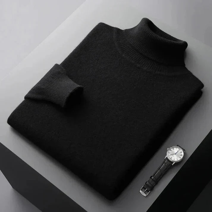Men's roll neck jumper in black, fine knit turtleneck classic fit