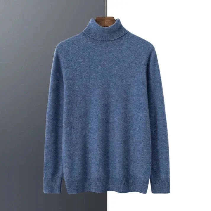 Men's roll neck jumper in blue, fine knit turtleneck classic fit