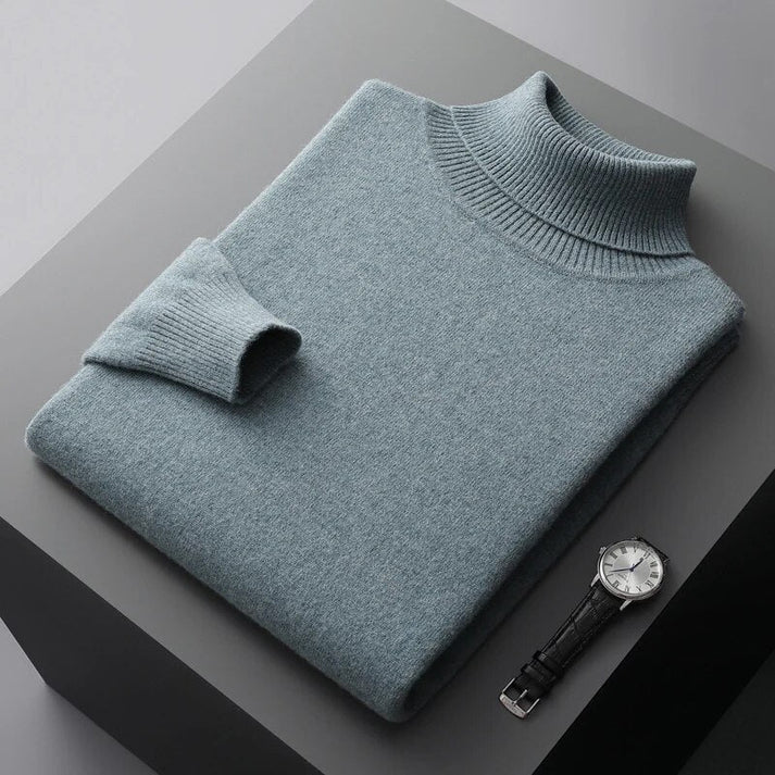 Men's roll neck jumper in green, fine knit turtleneck classic fit