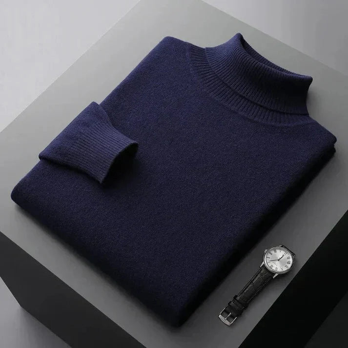 Men's roll neck jumper in navy, fine knit turtleneck classic fit