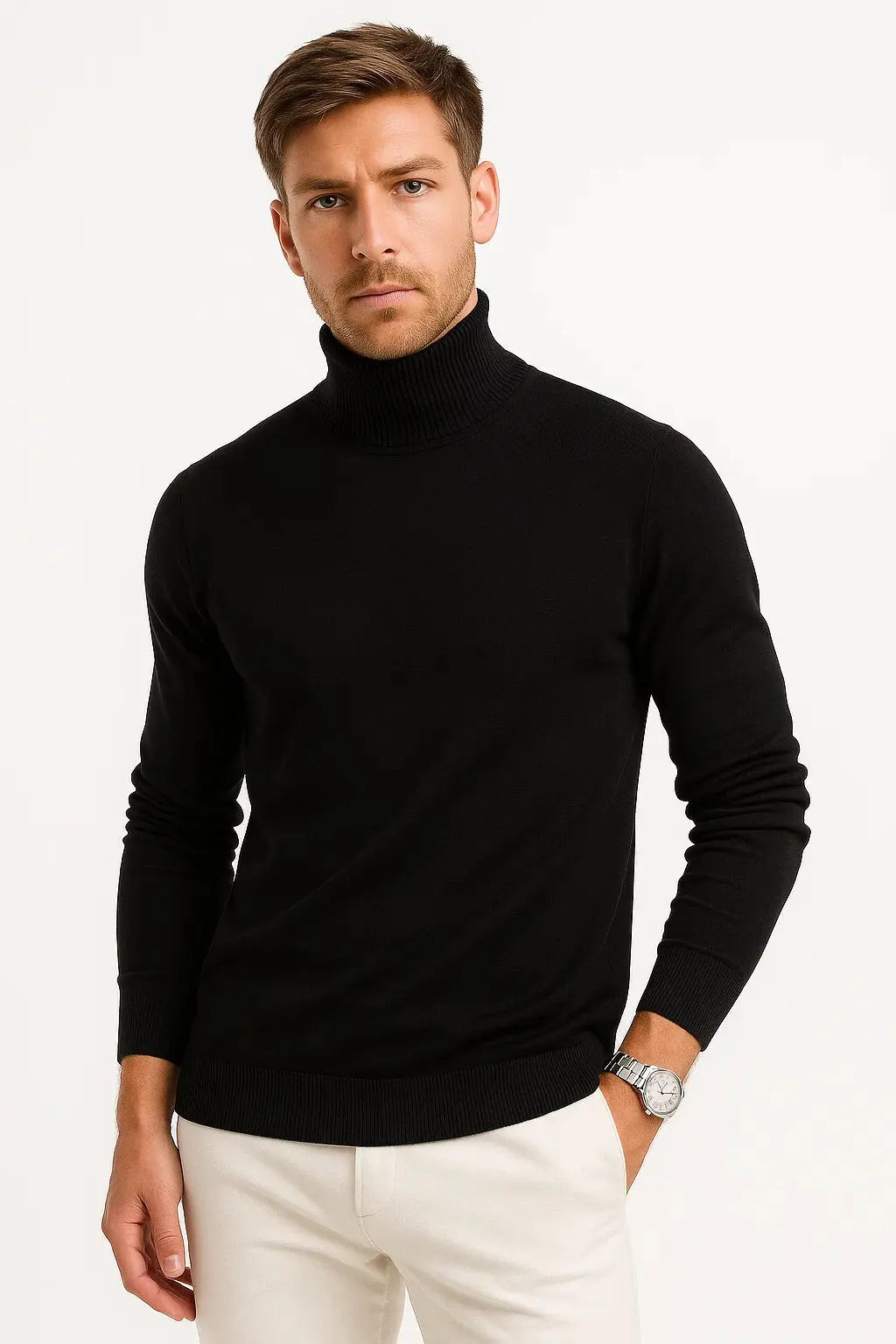 Men's roll neck jumper in black, fitted knitted turtleneck with ribbed cuffs
