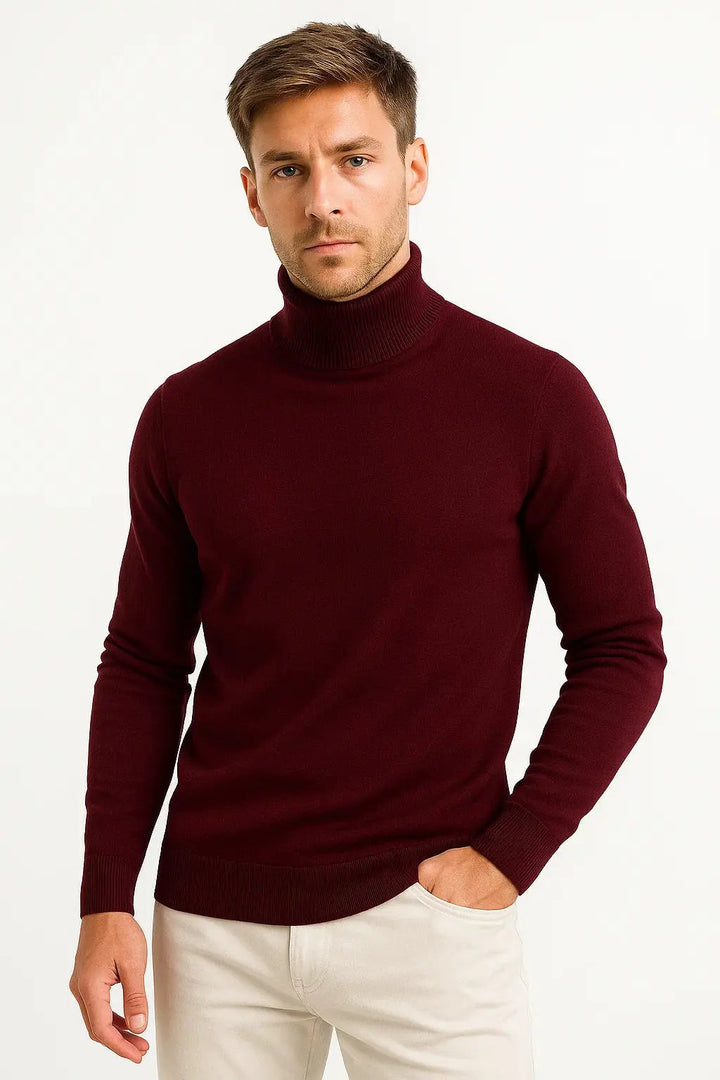 Burgundy fitted turtleneck jumper with long sleeves and ribbed cuffs