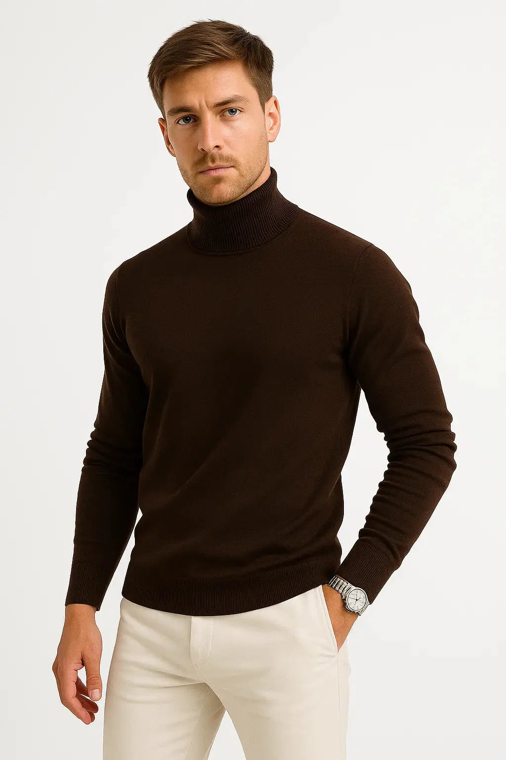 Dark brown roll neck jumper worn with cream trousers and a wristwatch