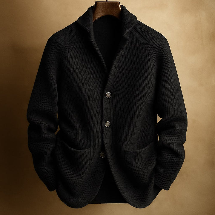 Men's knitted cardigan in black, button front patch pocket ribbed